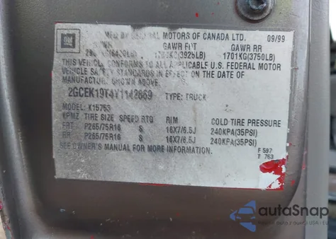 2000 Chevrolet Silverado 1500 Ls from USA, damaged, VIN 2GCEK19T4Y1142869